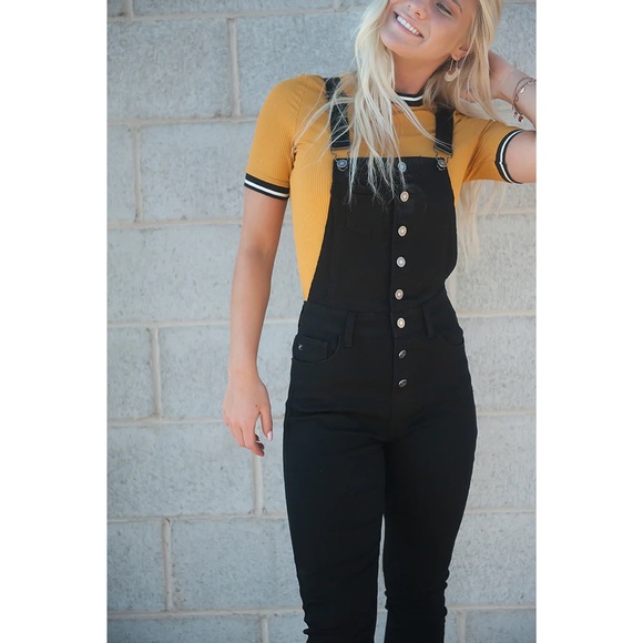 Kancan Overalls Jean Womens Denim Stretch Bibs Boho 90s Black Small NWT - Picture 2 of 16